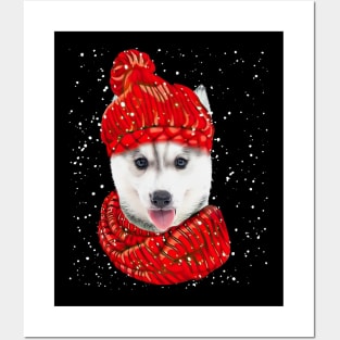 Husky Wearing Red Hat And Scarf In Snow Christmas Posters and Art